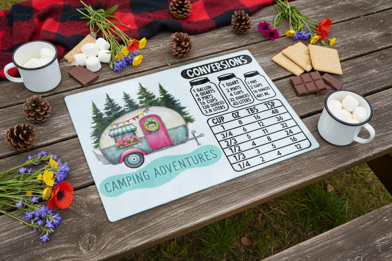 Camping Adventures Glass Cutting Board