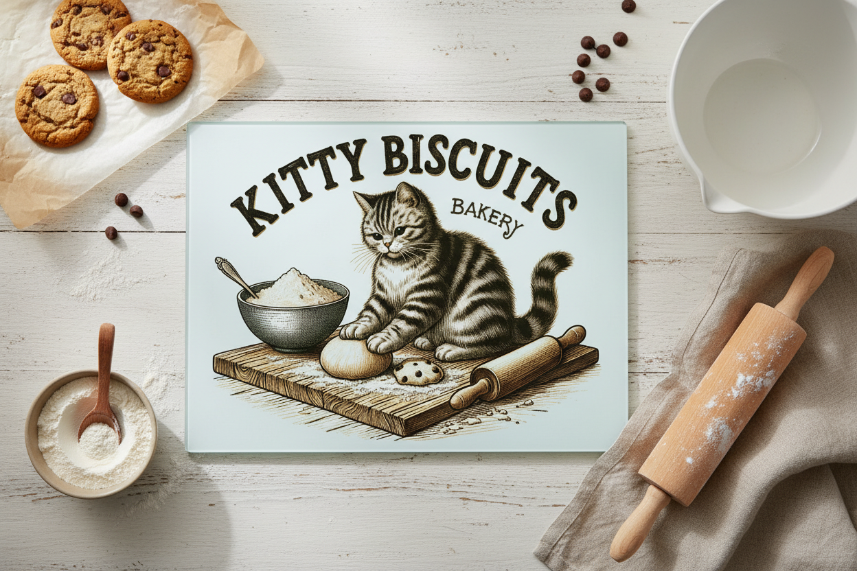 Kitty Biscuits Bakery Glass Cutting Board